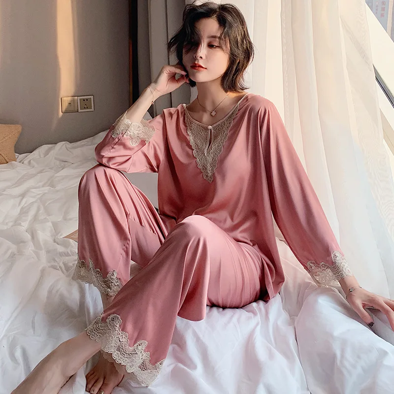 Ladies Silk Satin Pyjamas Spring Autumn Thin Long-sleeved Pajamas Sets Sexy Lace Loose Home Clothes Woman Two-piece Suit Pijama
Ladies Silk Satin Pyjamas Spring Autumn Thin Long-sleeved Pajamas Sets Sexy Lace Loose Home Clothes Woman Two-piece Suit Pijama