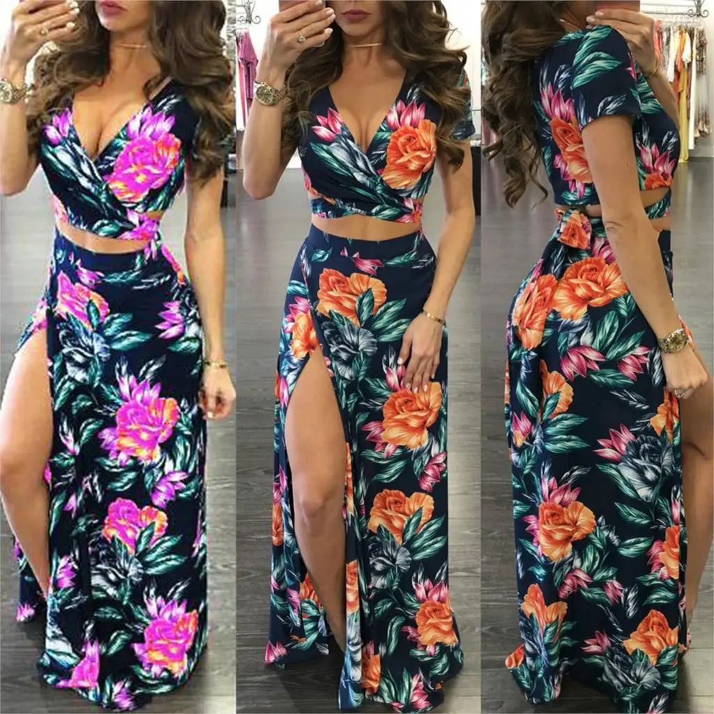 2021 Elegant Women Summer Long Skirt Set Bohemian Style Sexy Hollow Out Crop Top Skirts Floral Print V-Neck Women Beach Dress
2021 Elegant Women Summer Long Skirt Set Bohemian Style Sexy Hollow Out Crop Top Skirts Floral Print V-Neck Women Beach Dress