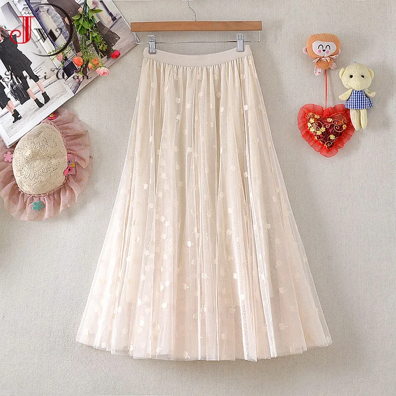 Women Summer Embroidery Lace Mesh Pleated Skirt 2022 Spring Solid Elastic Waist Korean Elegant Office Midi Skirt Vacation Robe 
Women Summer Embroidery Lace Mesh Pleated Skirt 2022 Spring Solid Elastic Waist Korean Elegant Office Midi Skirt Vacation Robe
