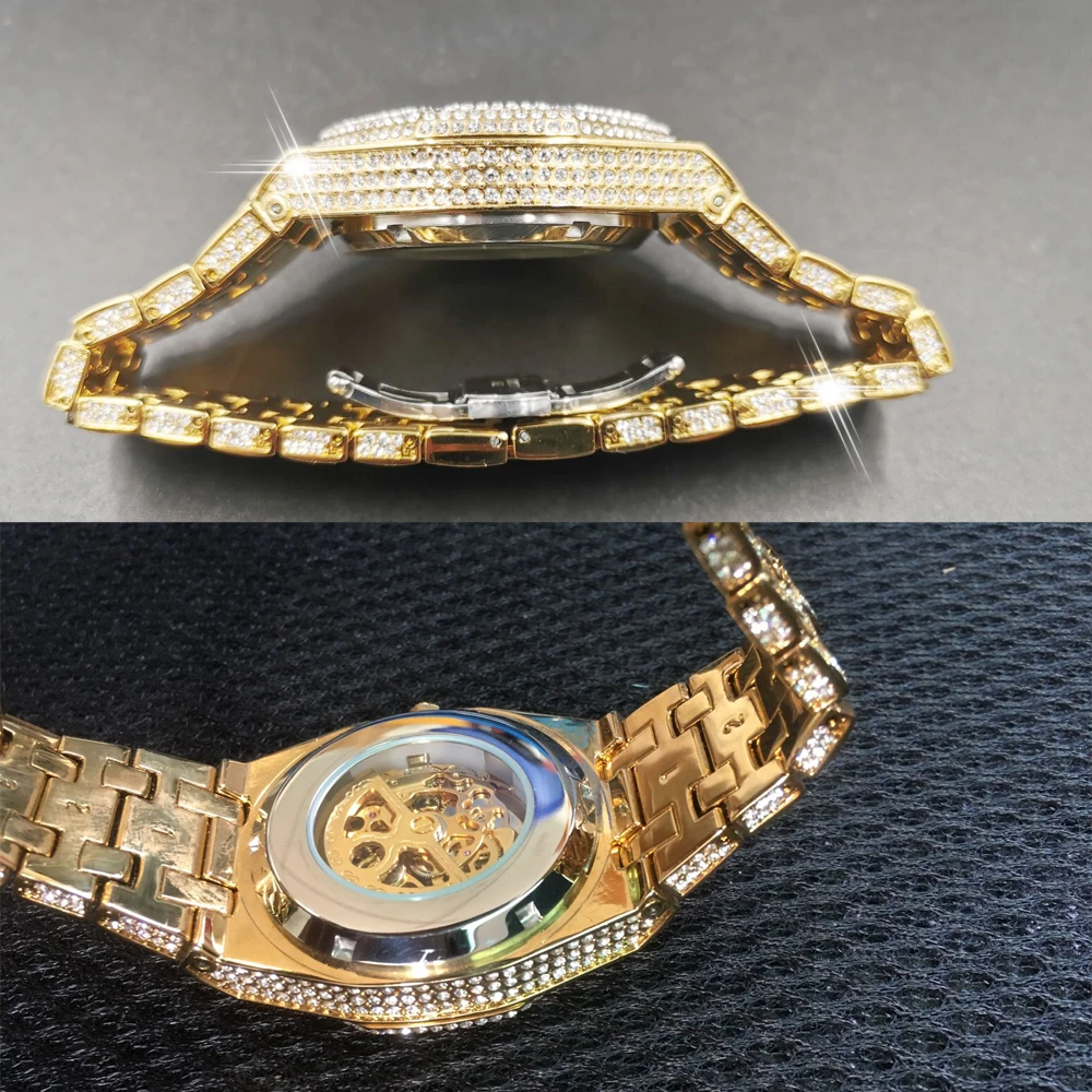 Luxury Fully Diamond Men Watches Skeleton Mechanical Automatic Gold Watch Men Waterproof Business Wristwatch ICED Out Male Clock
Luxury Fully Diamond Men Watches Skeleton Mechanical Automatic Gold Watch Men Waterproof Business Wristwatch ICED Out Male Clock