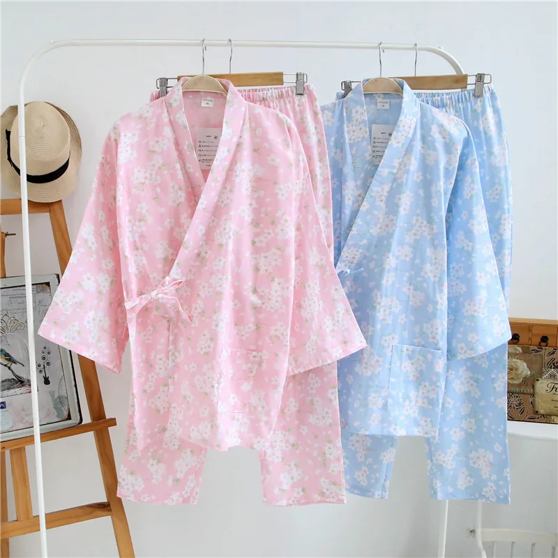 

2021 Japanese-style Cotton Kimono Pajamas Suit Women Three quarter-sleeved Two-piece Female Long Pants Sleepskirt