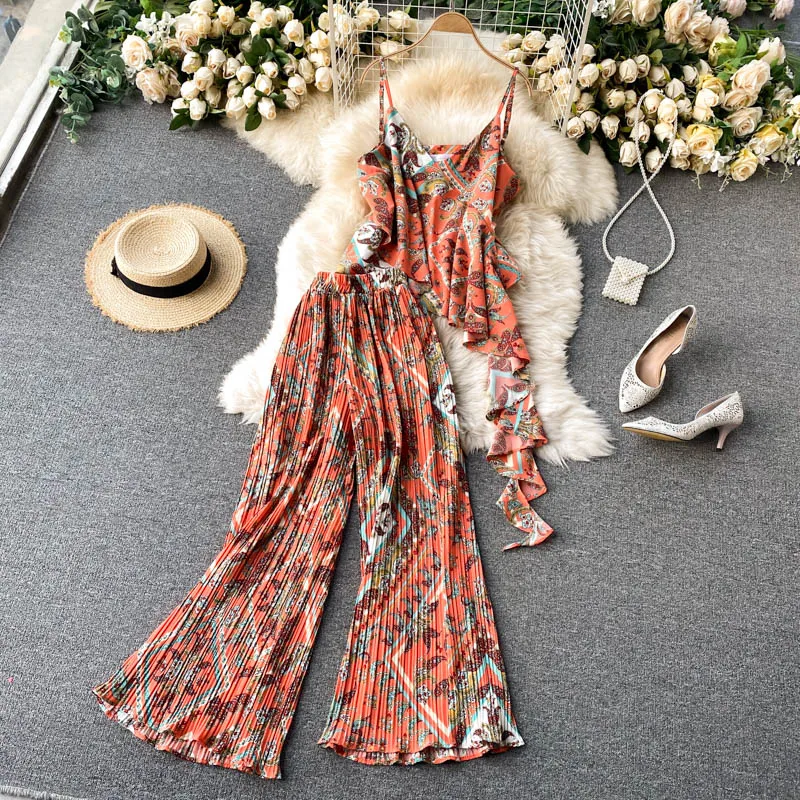 Ins Women New Fashion Summer V Neck Sleeveless Sexy Tops + Pleated Wide Leg Pants Two Piece Sets Q938
Ins Women New Fashion Summer V Neck Sleeveless Sexy Tops + Pleated Wide Leg Pants Two Piece Sets Q938