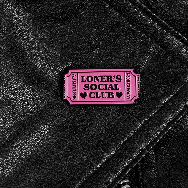 

LONER'S SOCIAL CLUB enamel pins Pink Club ticket badges brooches Jackets backpack bags Lapel pin badges Lonely jewelry gifts