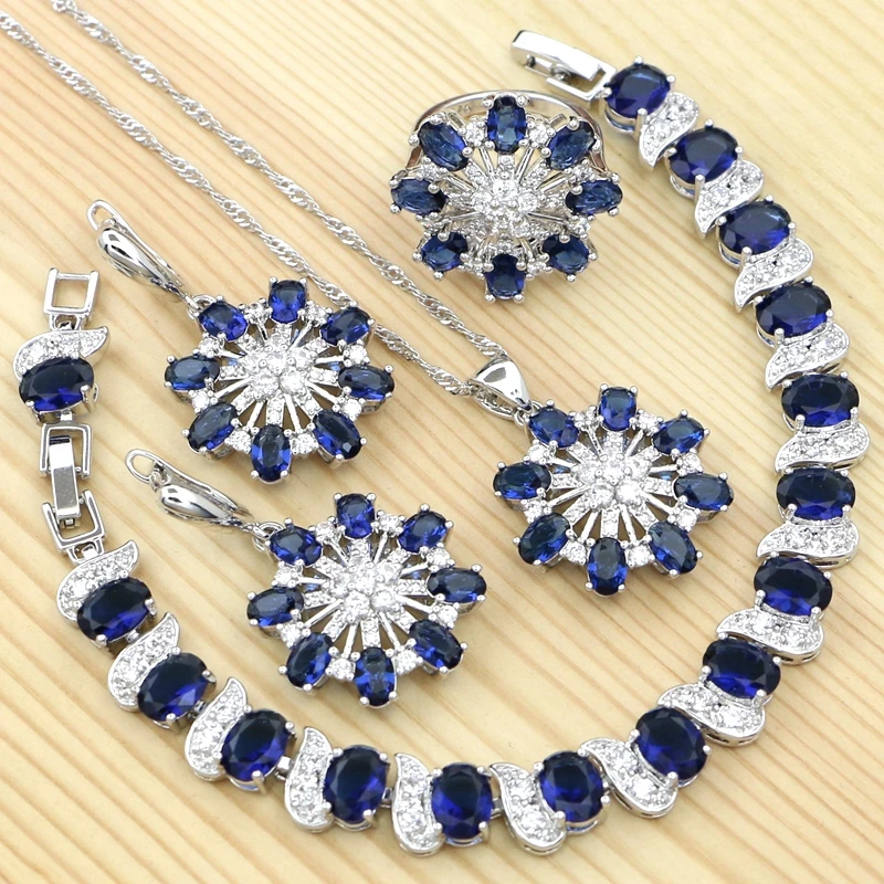 925 Silver Jewelry Kit Blue Cubic Zirconia White Crystal Earring/Pendant/Necklace/Bracelet/Ring Set for Women 
925 Silver Jewelry Kit Blue Cubic Zirconia White Crystal Earring/Pendant/Necklace/Bracelet/Ring Set for Women