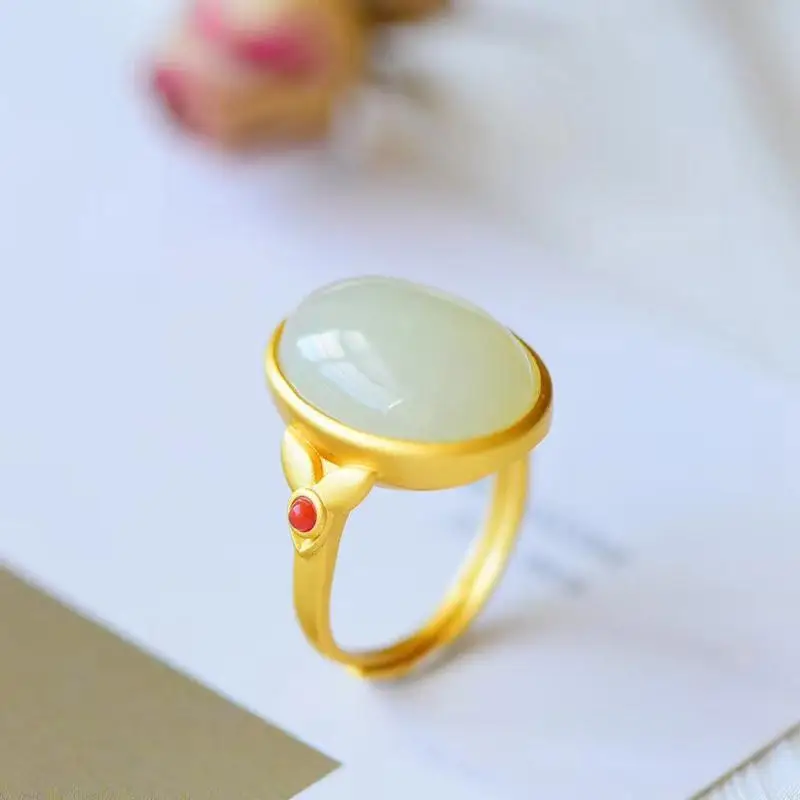 

Sterling Silver Gilding Inlaid Hetian Jade Egg Surface Ring Elegant Women's New Open Mouth Ring Embellished South Red Ring for G