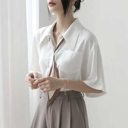 2021 Summer New Tie White Shirt Professional Chiffon White Shirt Women's Short Sleeve Top 21-1146 
2021 Summer New Tie White Shirt Professional Chiffon White Shirt Women's Short Sleeve Top 21-1146