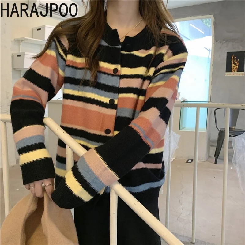 Harajpoo Sweaters Women Rainbow Striped Knitted Cardigan Spring Autumn 2021 New Korean Gentle Design Fashion Harajuku Jacket
Harajpoo Sweaters Women Rainbow Striped Knitted Cardigan Spring Autumn 2021 New Korean Gentle Design Fashion Harajuku Jacket