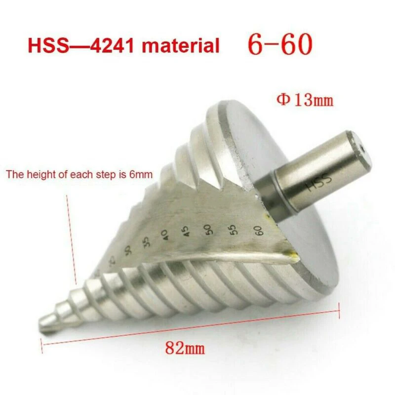 6-60mm HSS-4241 Spiral Grooved Cone 12 Steps Drill Bit Hole Cutter Triangle Tool
6-60mm HSS-4241 Spiral Grooved Cone 12 Steps Drill Bit Hole Cutter Triangle Tool