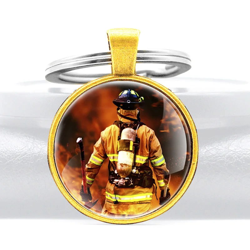 

Gold Fashion Brave Firefighter Glass Cabochon Metal Pendant Classic Men Women Key Chain Key Ring Accessories Keychains Gifts