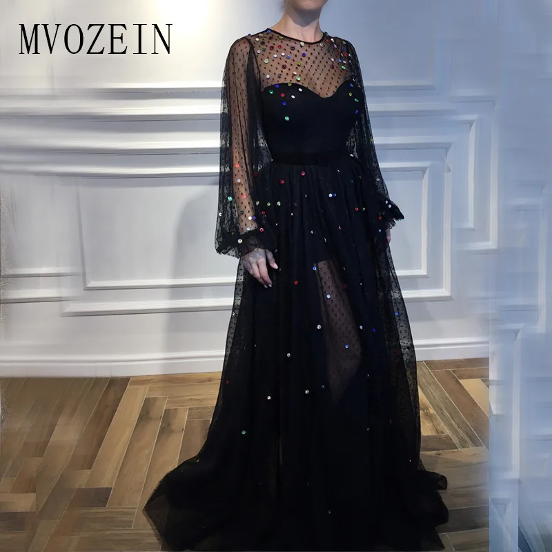 Фото Черные вечерние платья длинное Тюлевое платье трапеция с драгоценным вырезом и