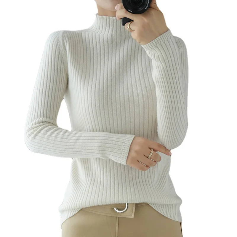 

Sparsil Winter Warm Knitted Cashmere Sweaters Women Soft Half High Collar Long Sleeve Pullovers Solid Basic Slim Jumpers Female