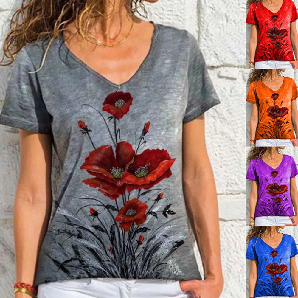 2021 New Floral Print Women T-Shirt Summer Short Sleeve V Neck Casual Loose Tees Female Basic Pullover Tops Plus Size Streetwear
2021 New Floral Print Women T-Shirt Summer Short Sleeve V Neck Casual Loose Tees Female Basic Pullover Tops Plus Size Streetwear