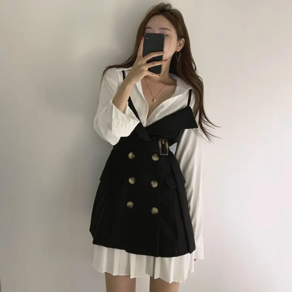 2020 Autumn A-Line Women Dress Sets Long Sleeve Turn Down Collar Pleated Blouse Dresses Double Breasted Slim Sling Vestido Suits
2020 Autumn A-Line Women Dress Sets Long Sleeve Turn Down Collar Pleated Blouse Dresses Double Breasted Slim Sling Vestido Suits