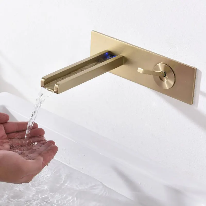 Brushed gold basin hotel faucet hot and cold LED dark mounted wall washbasin faucet set
Brushed gold basin hotel faucet hot and cold LED dark mounted wall washbasin faucet set