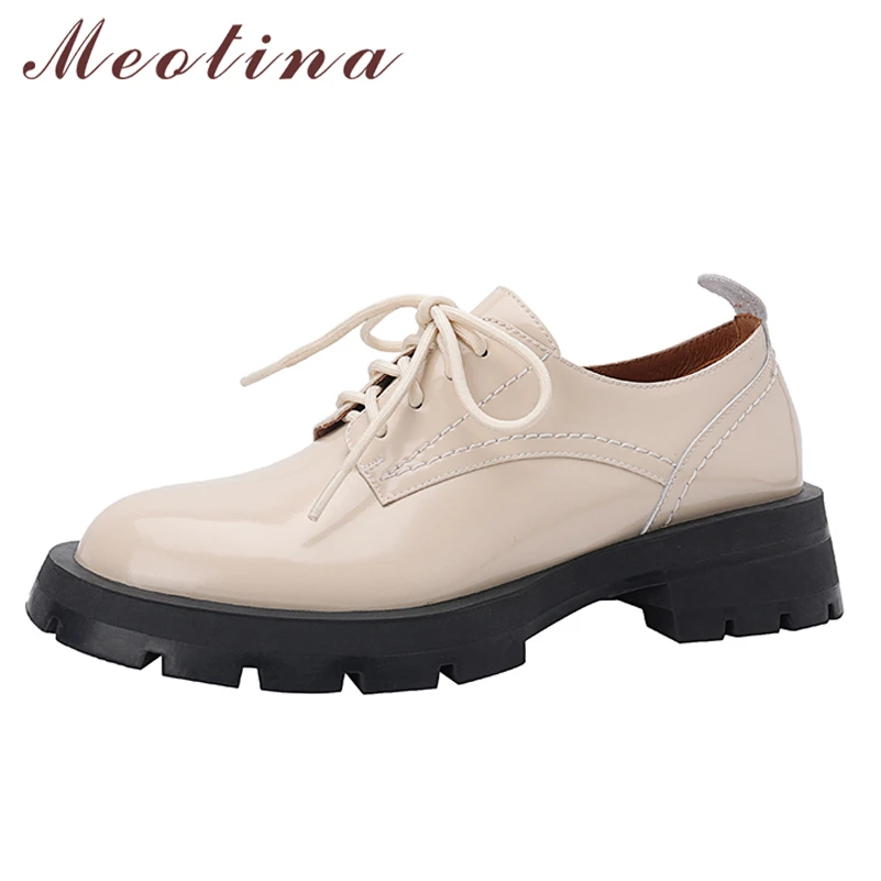 

Туфли Meotina женские из натуральной кожи, лоферы на толстом каблуке, на платформе, со шнуровкой, на среднем каблуке, весенние бежевые оксфорды, 40