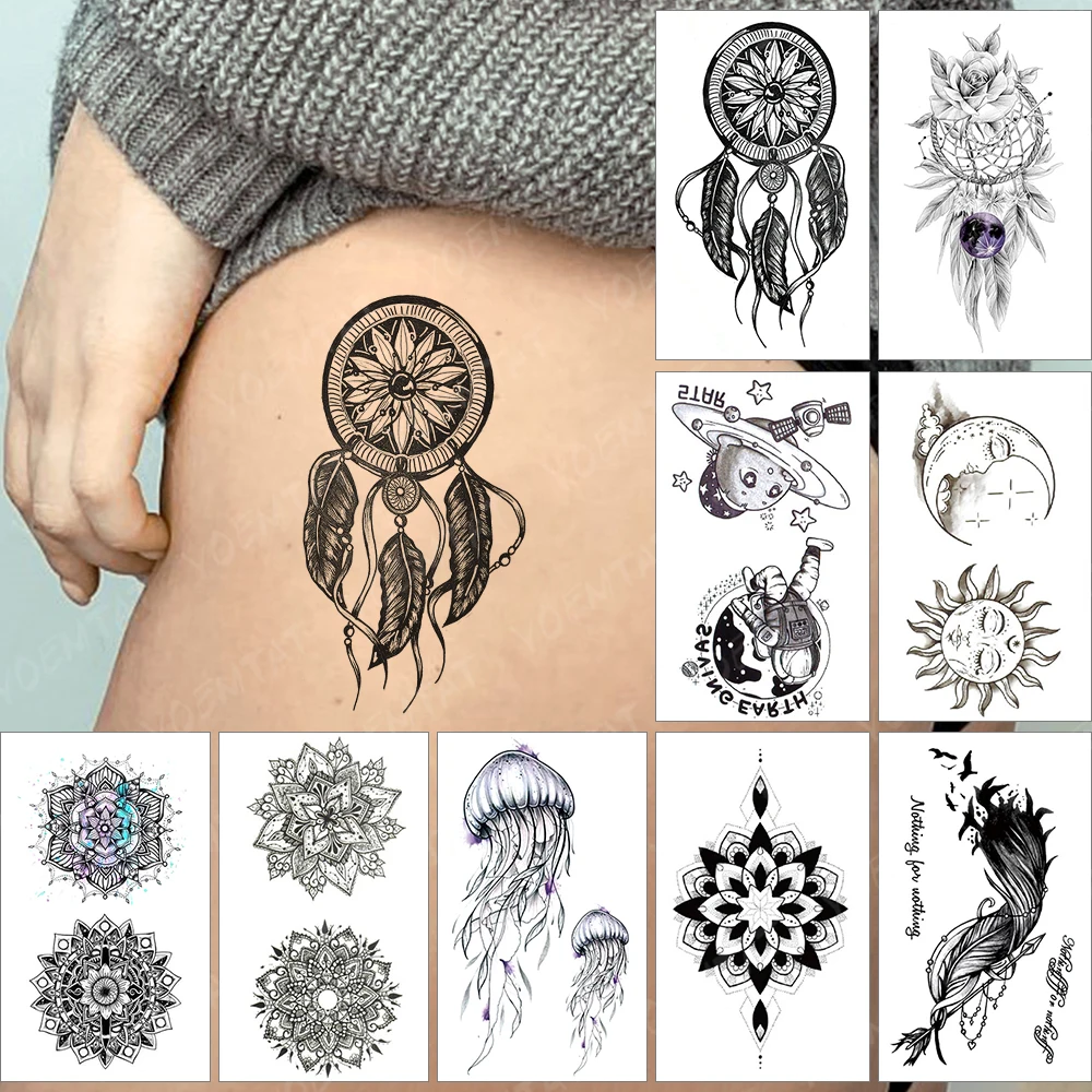 

Временная татуировка, водостойкие, наклейки, серьги, хна, мандала, флэш-тату, цветы, Ловец снов, на запястье, поддельные татуировки для боди-а...