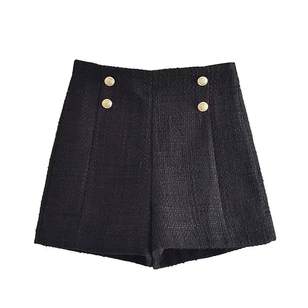 

Za New Women Fashion Structured High Waist Shorts with Side Hidden Zip Front Button Detail Chic Lady Woman Black Textured Pants