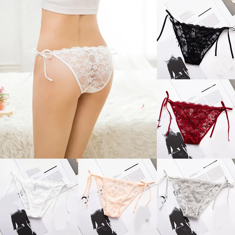 Lace Transparent side Tie Thong lace Panties 1 pc Sexy G-string Women Floral Sheer Underwear Soft Side Solid Briefs - купить по