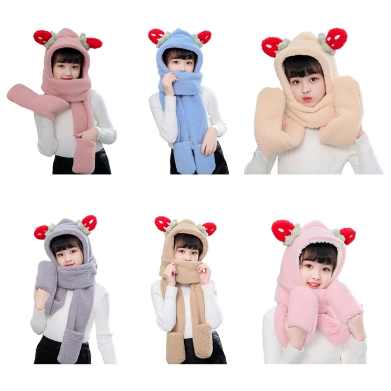 Children Kids Winter Warm 3 In 1 Faux Fleece Hooded Scarf Hat Gloves Set Cute Stuffed Strawberry Ears Windproof Thermal Earflap
Children Kids Winter Warm 3 In 1 Faux Fleece Hooded Scarf Hat Gloves Set Cute Stuffed Strawberry Ears Windproof Thermal Earflap