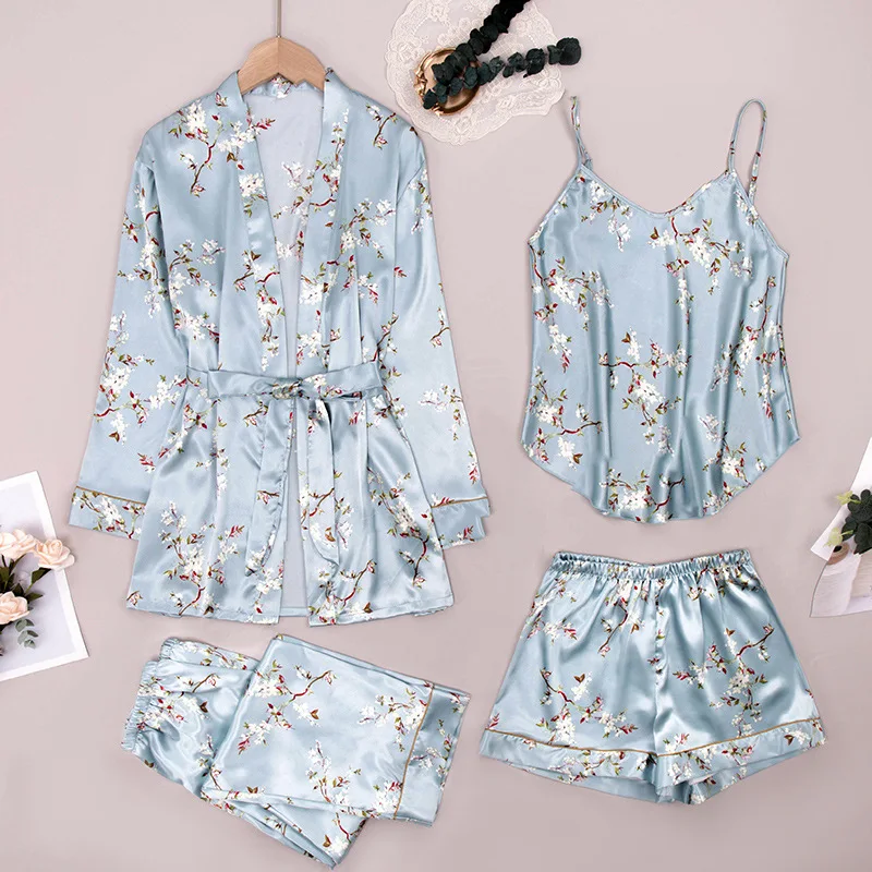 Fashion Silk Pajama Set for Women 4Pcs Nightwear Sexy Spaghetti Strap Sleepwear Female Satin Robe Pants Loungewear Home Clothing
Fashion Silk Pajama Set for Women 4Pcs Nightwear Sexy Spaghetti Strap Sleepwear Female Satin Robe Pants Loungewear Home Clothing