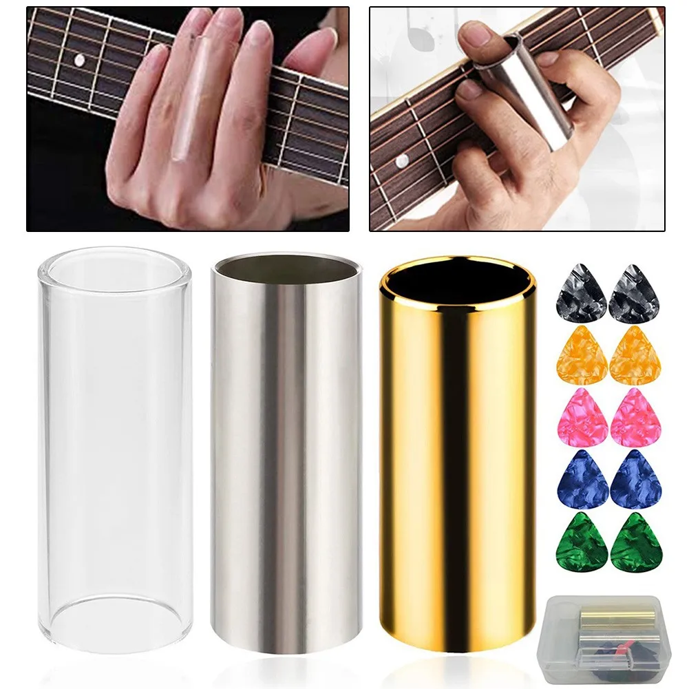 3 Sets Of Glass Stainless Steel And Copper Slide Bars And 10 Guitar Pick Sets Professional Acoustic Guitar Parts Accessories
3 Sets Of Glass Stainless Steel And Copper Slide Bars And 10 Guitar Pick Sets Professional Acoustic Guitar Parts Accessories