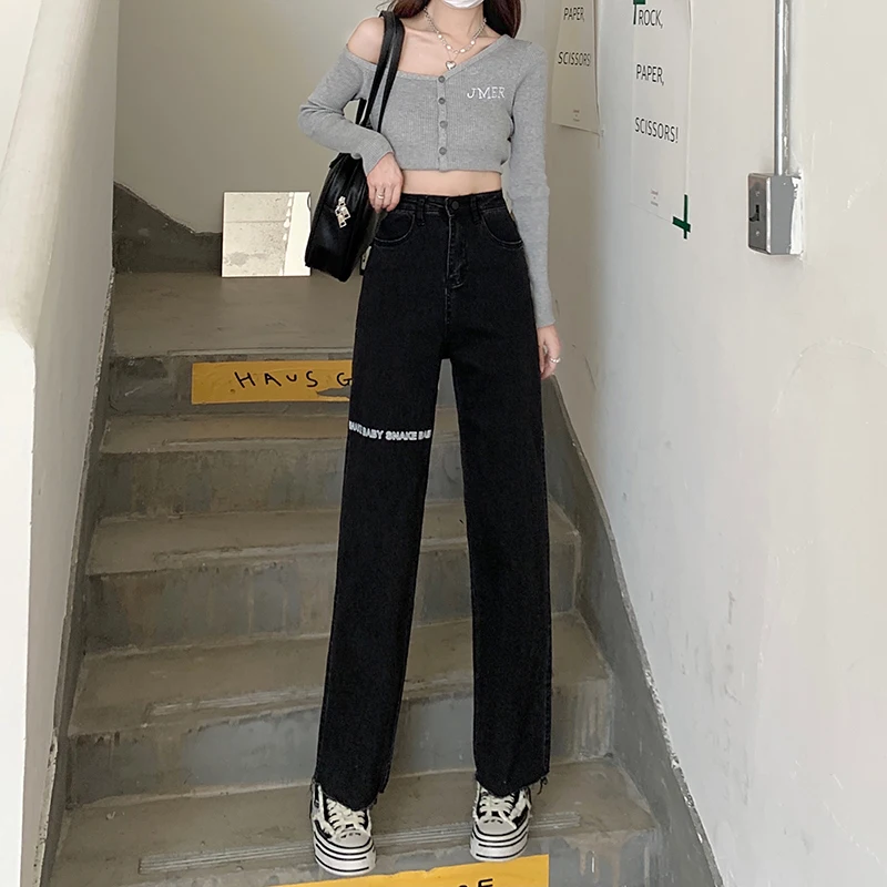 Age Reducing Sweet Cool Black Letter Printed Jeans Women's Design Sense High Waist Thin Loose Straight Wide Leg Floor Pants
Age Reducing Sweet Cool Black Letter Printed Jeans Women's Design Sense High Waist Thin Loose Straight Wide Leg Floor Pants