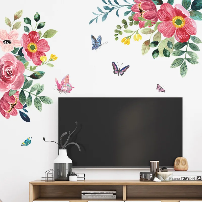 Creative Watercolor Flowers Wall Stickers for Living room Bedroom Decor Self-adhesive Removable PVC Decals Art Murals | Дом и сад