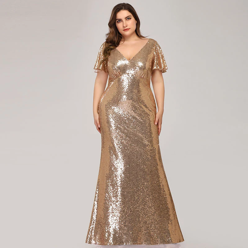 Sequins Elegant Deep V-Neck Evening Dress Pleat Short Sleeves Simple Mermaid Floor-Length New Plus Size Women Formal Gowns D986
Sequins Elegant Deep V-Neck Evening Dress Pleat Short Sleeves Simple Mermaid Floor-Length New Plus Size Women Formal Gowns D986