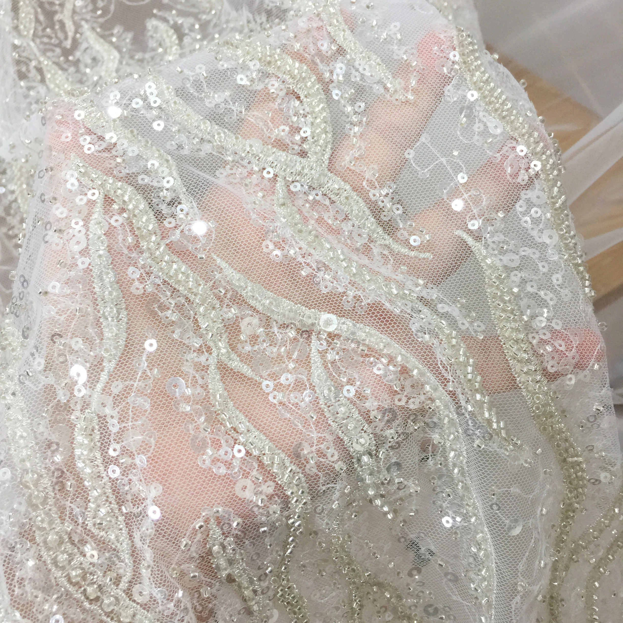 Couture Wedding Dress Lace Fabric by Yard , 3D Beaded Bridal Gown Fabric with silver Embroidery 140cm wide
Couture Wedding Dress Lace Fabric by Yard , 3D Beaded Bridal Gown Fabric with silver Embroidery 140cm wide