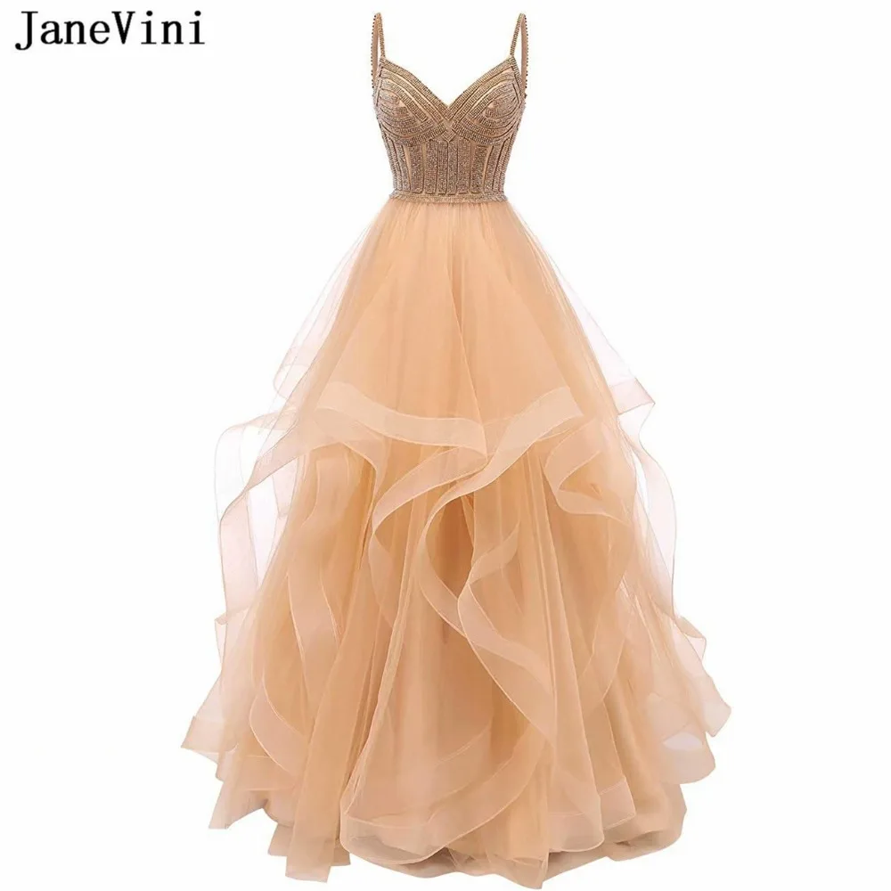 

JaneVini Luxury Champagne Prom Dresses Long V Neck Sparkly Beading Tulle Ruffles Arabic Dress Backless Plus Size Evening Dress