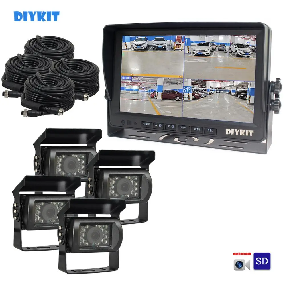 

DIYKIT AHD IPS 9" Split QUAD Car HD Monitor 960P AHD IR Night Vision Rear View Camera Waterproof with SD Card Video Recording