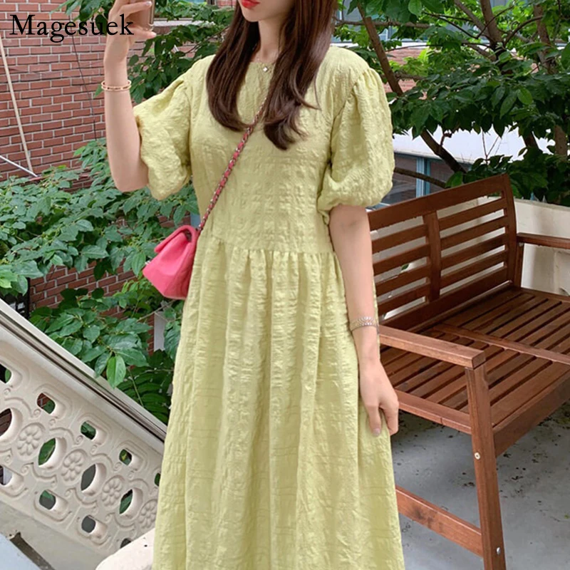 

Корейский шикарный зеленый свободное платье женская летняя обувь 2021 винтажный буф SleeveDress женский размера плюс бело-синие повседневные плат...