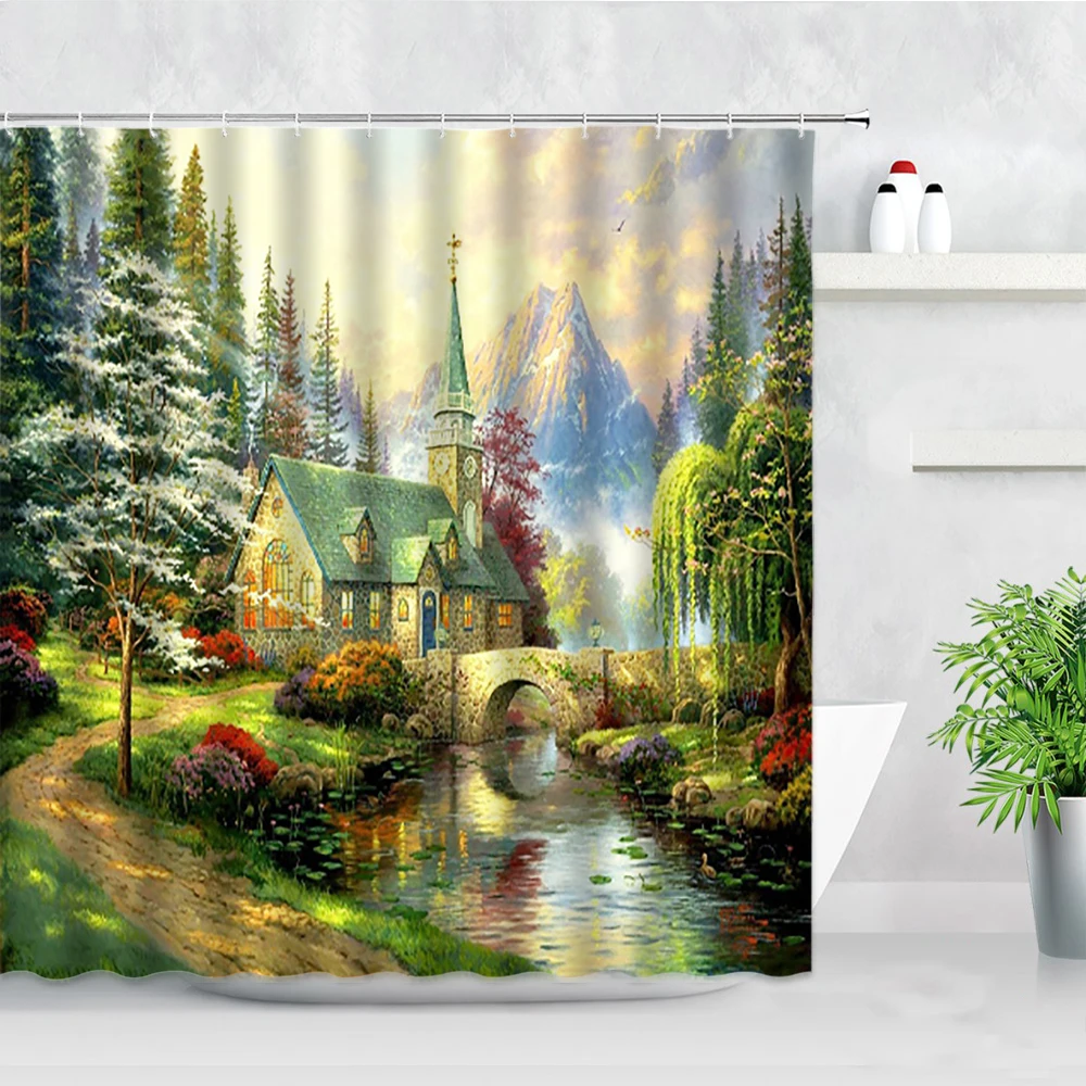 

Rural Scenery Oil Painting Shower Curtains House Arch Bridge Forest Landscape Print Waterproof Fabric Bathroom Decor Curtain Set