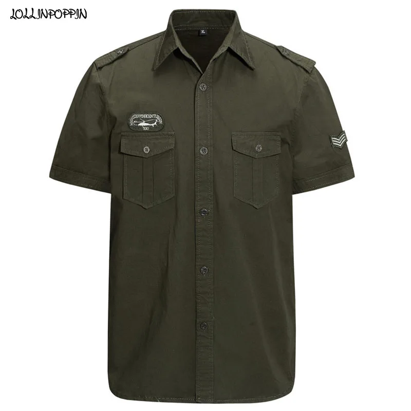 

Embroidery Badges Military Style Men Short Sleeve Casual Army Shirt With Epaulets Turn Down Collar Army Green / Navy Blue