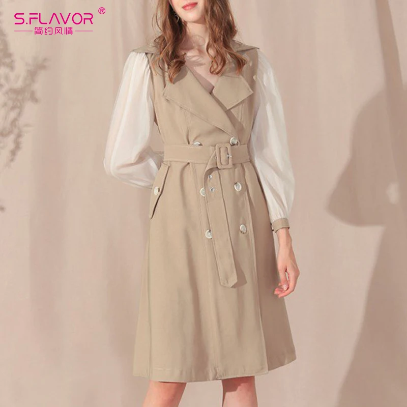 S. FLAVOR двубортное Лоскутное Платье Блейзер Женская мода весна белый рукав