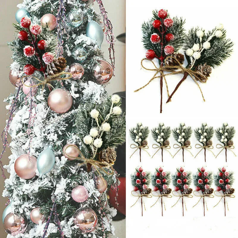 

5 Pcs Fake Snow Frost Pine Branch Cone Berry Holly DIY Xmas Tree party Ornament Home Christmas Decoration Supplies Gift Supplies