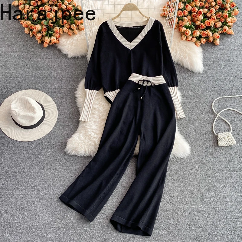 Harajpee Casual Two-piece Suit Loose V-neck Knitted Shirt Colorblock High Waist Wide Leg Straight Trousers Spring New Pants Sets
Harajpee Casual Two-piece Suit Loose V-neck Knitted Shirt Colorblock High Waist Wide Leg Straight Trousers Spring New Pants Sets