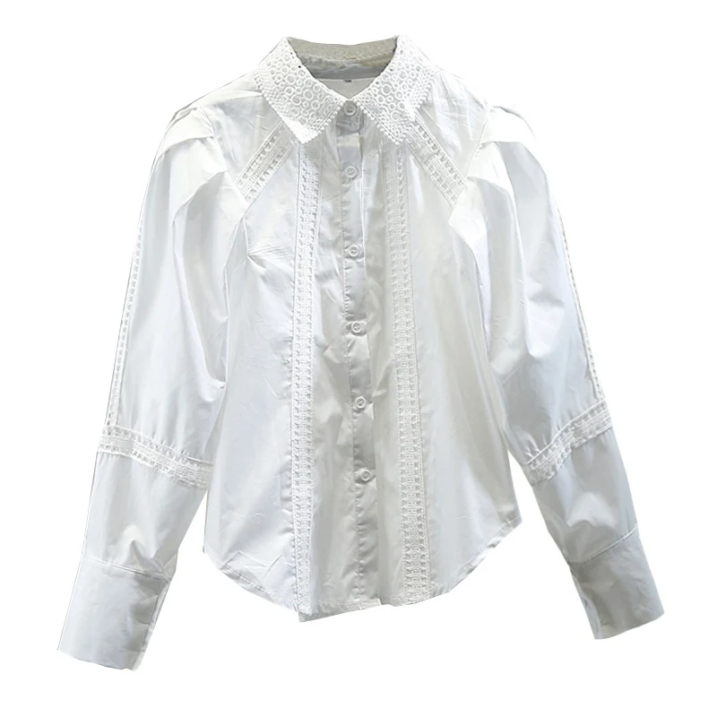 Spring 2021 Fashion New Hollow-out Stitching Lace Turn-down Collar Top All-match Sweet Lantern Sleeve Shirt Elegant Folds Blouse
Spring 2021 Fashion New Hollow-out Stitching Lace Turn-down Collar Top All-match Sweet Lantern Sleeve Shirt Elegant Folds Blouse