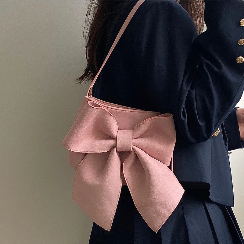 

Retro Bowknot Women's Underarm Bag Solid Color Ladies Small Tote Shoulder Bags Female Cute Armpit Bag Cool Girls Pink Handbags