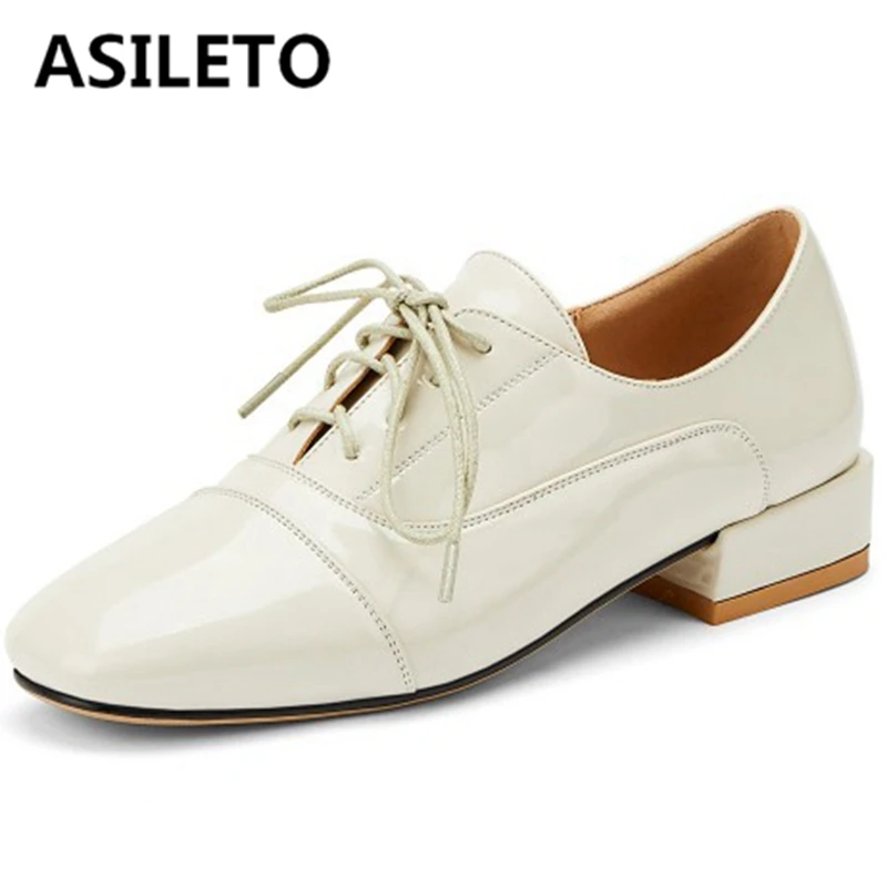 

ASILETO Female Spring Autumn Concise Flats Round Toe 3cm Square Heels Patent Leather Lace up Cross-tied Plus size 33-48 S1837