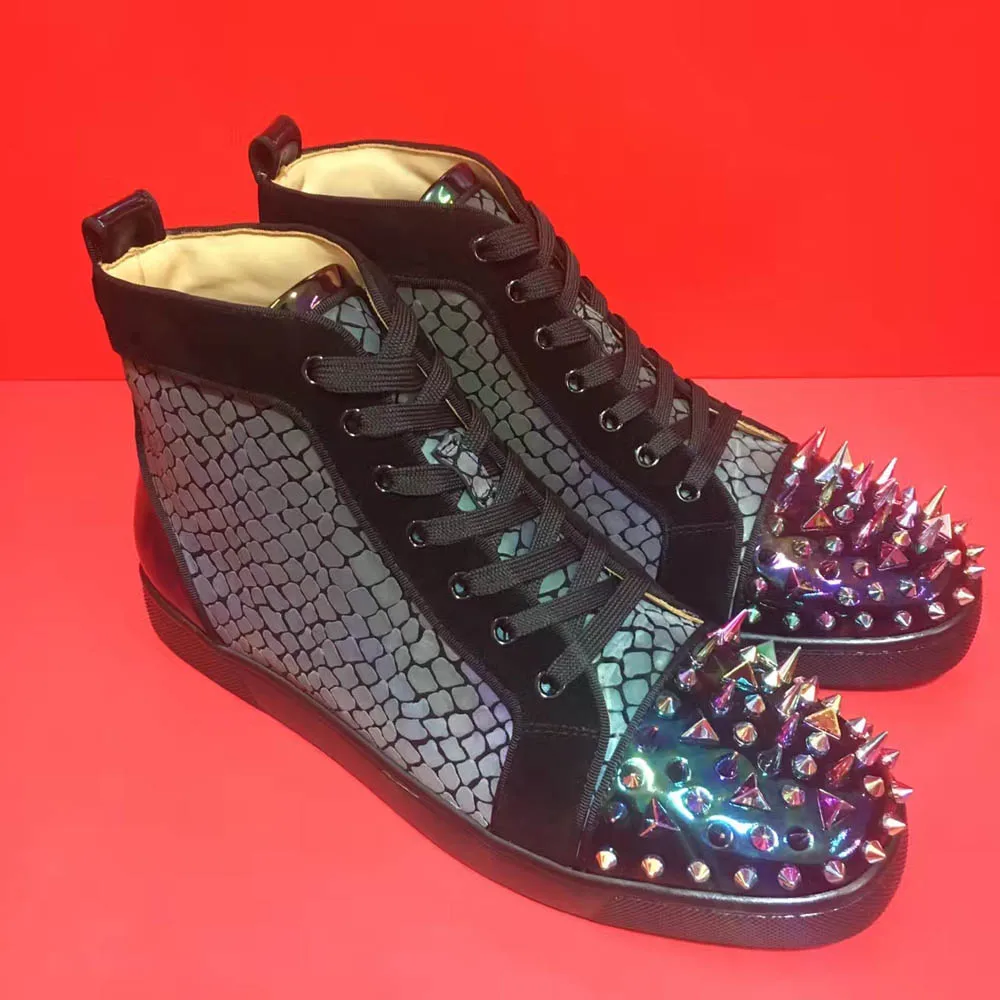 Black Real Snake Chameleon Leather High Top Messy Color Rivet Toecap For Men Flat Luxury Red Bottom Spikes Loafers Casual Shoes
Black Real Snake Chameleon Leather High Top Messy Color Rivet Toecap For Men Flat Luxury Red Bottom Spikes Loafers Casual Shoes