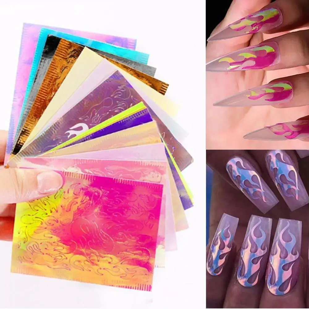 4/16 шт DIY Лазерная Иллюзия пламя наклейки для ногтей огнеупорные отражения Фольги