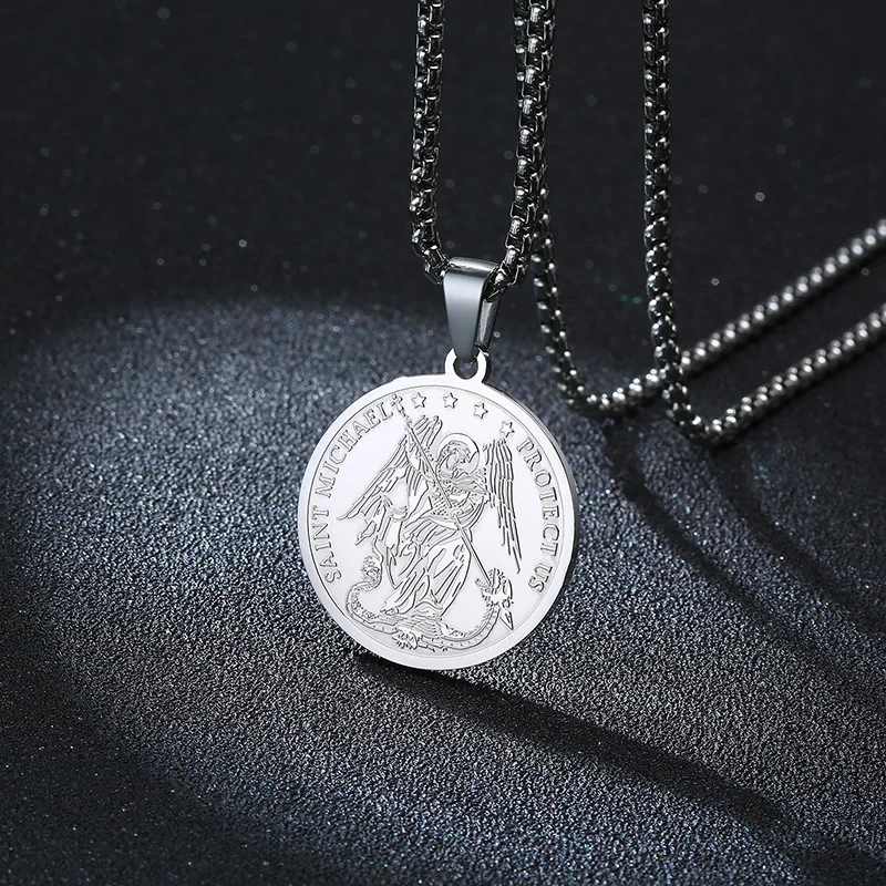 Мужская медаль SAINT MICHAEL PROTECT US NEKLACE 24 дюйма из нержавеющей стали | Украшения и