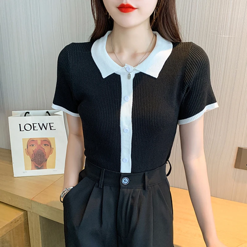 Summer Knitted Shirts Tops Women Turn Down Collar Korean Casual Knitwear Elegant Office T-Shirts Striped Vintage Tops Z712
Summer Knitted Shirts Tops Women Turn Down Collar Korean Casual Knitwear Elegant Office T-Shirts Striped Vintage Tops Z712