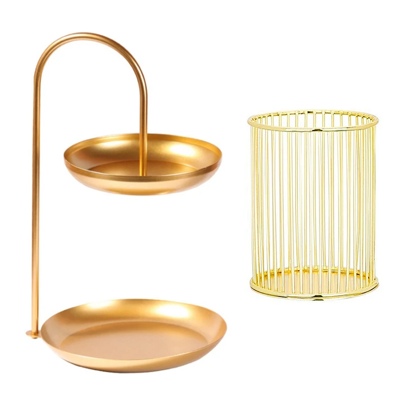 Gold Double-Layer Storage Tray Dressing Table Rack Makeup Jewelry Display Tray & Golden Metal Wire Pen Holder
Gold Double-Layer Storage Tray Dressing Table Rack Makeup Jewelry Display Tray & Golden Metal Wire Pen Holder