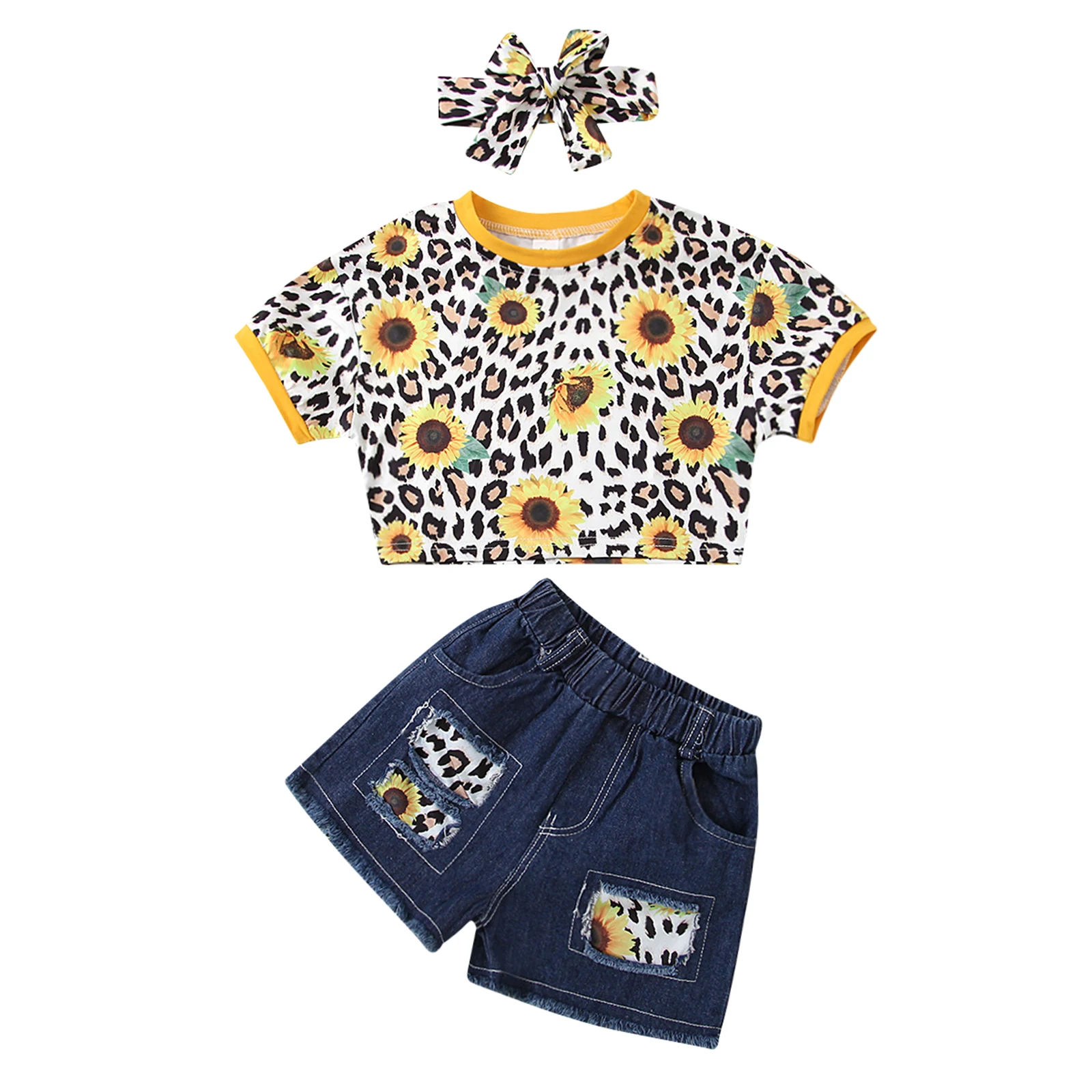 3Pc Baby Girl Summer Outfit Sunflower Leopard Print Short Sleeve Round Neck T-shirt Frayed Raw Hem Ripped Jeans Bowknot Headband
3Pc Baby Girl Summer Outfit Sunflower Leopard Print Short Sleeve Round Neck T-shirt Frayed Raw Hem Ripped Jeans Bowknot Headband