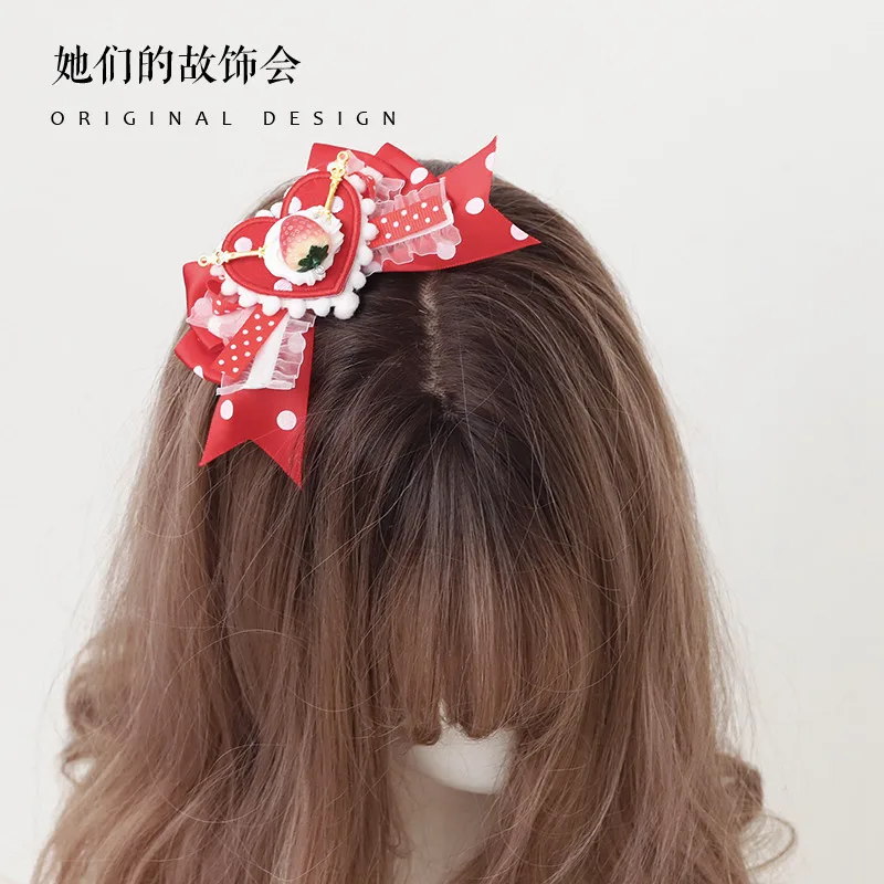 

Original Japanese Girl Cute Lace Bowknot Wave Point Lolita Hairpin Strawberry Hair Accessories JK Soft Sister Sweet Headwear