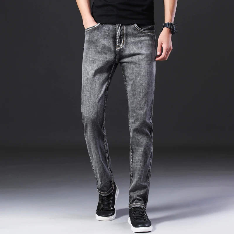2021 Spring Summer Men's Classic Grey Jeans Elastic Men's Stretch-fit Thin Jeans Business Casual Classic Style