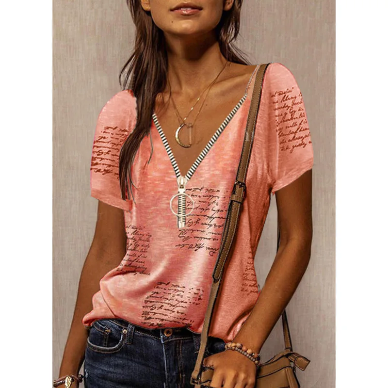 New Fashion Tops Six Color Blouse Loose Tops Zip Casual Top V-neck Printed Short-sleeved T-shirt Plus Size
New Fashion Tops Six Color Blouse Loose Tops Zip Casual Top V-neck Printed Short-sleeved T-shirt Plus Size