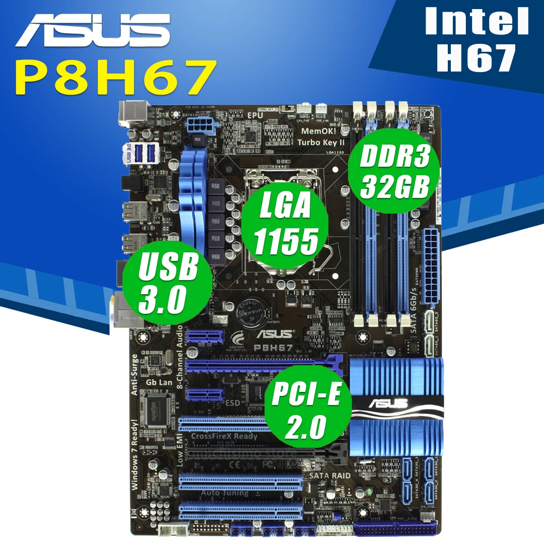 Asus P8H67 материнская плата LGA 1155 Core i7 i5 i3 DDR3 32 Гб PCI-E 2 0 SATA3 Настольный модель Intel H67